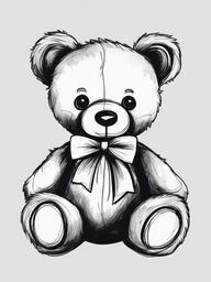 drawing of a teddy bear with a bow  minimal rough sketch scribbles,doodles,black and white