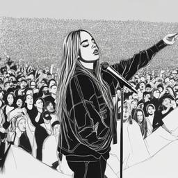 drawing of Billie Eilish on stage performing  minimal rough sketch scribbles,doodles,black and white