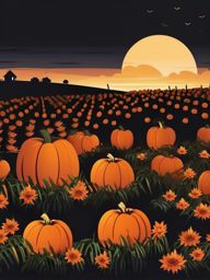 Sunset over Pumpkin Patch clipart - Sun setting on pumpkins, ,vector color clipart,minimal