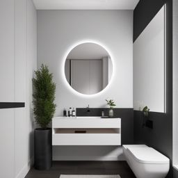 Minimalist Powder Room - Minimalism to your powder room with a floating vanity and monochrome palette. realistic, professional photography, bokeh, natural lighting, canon lens, shot on dslr 64 megapixels sharp focus