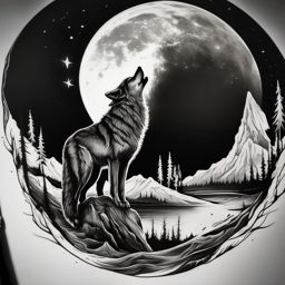 Wolf on Moon Tattoo,mystical scene in ink, wolf dwelling within the confines of the glowing moon. , tattoo design, white clean background