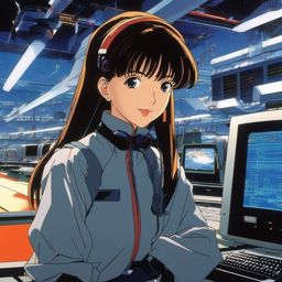 A cheerful anime girl navigates a high-tech academy, showcasing her extraordinary talent for blending traditional art with futuristic technology.  1990s anime style