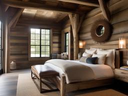 The master bedroom embraces rustic interior design with a rustic bed frame, layered textiles, and natural light that create a stylish and tranquil haven for sleep.  