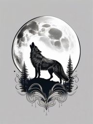 Wolf and the Moon Tattoo,elegant fusion of a wolf and the moon, dance between nature and the cosmos in tattoo form. , tattoo design, white clean background