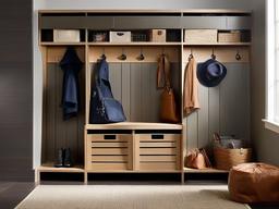 Bauhaus mudroom features simple, durable storage solutions, sleek metal hooks, and clean lines, ensuring an organized and functional transition area into the home.  