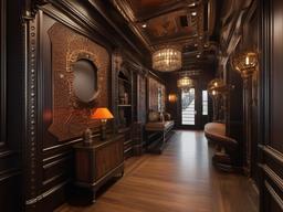 The hallway showcases steampunk interior design through intricate metalwork, warm colors, and vintage art that create a unique and inviting passage.  