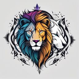 Lion and Wolf Tattoo,awe-inspiring alliance between the regal lion and the untamed wolf, symbol of strength and unity. , color tattoo design, white clean background