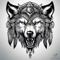 Wolf Head Dress Tattoo,striking fusion of the wolf and a ceremonial headdress, testament to honor and bravery. , color tattoo design, white clean background