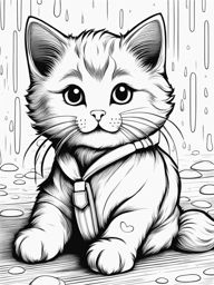 cat coloring pages - a cute kitten cuddles with a plush toy on a rainy day. 