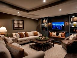 The basement highlights traditional interior design with a mix of comfortable furnishings, warm tones, and classic decor that create a cozy space for entertainment and relaxation.  