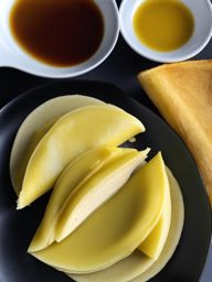 durian pancakes, thin pancakes filled with fresh durian fruit. 