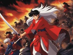 inuyasha,inuyasha the half-demon,defending against a horde of demons,a feudal era village anime, anime key visual, japanese manga, pixiv, zerochan, anime art, fantia