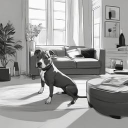 drawing of a pitbull in a cozy living room  minimal rough sketch scribbles,doodles,black and white