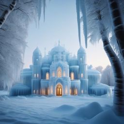 futuristic enormous palace made from ice among snow and ice, icicles, realistic details 