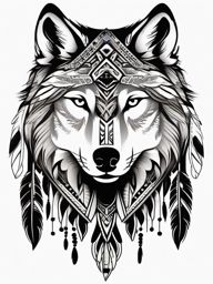 Wolf and Indian Tattoo,tattoo showcasing both a wolf and indigenous motifs, fusion of cultures. , tattoo design, white clean background