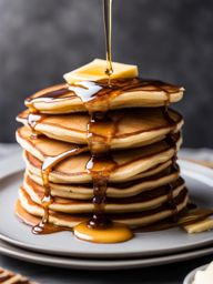 a tower of fluffy pancakes, stacked high and drizzled with maple syrup and melted butter. 