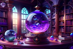 magical library with floating books and a crystal ball centerpiece. 