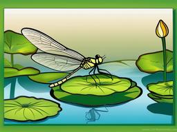 Dragonfly perched on a water lily in a pond clipart.  