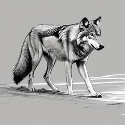 drawing of a wolf in beach  minimal rough sketch scribbles,doodles,black and white