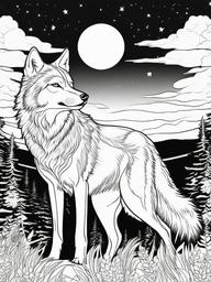 Wolf and Moonlight Coloring Pages - Wolf Bathed in Soft Moonlight  minimal black outline printable sheet, coloring page