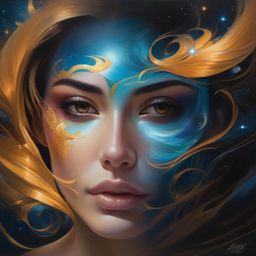 woman with  face painted. face painting of whirlpools and cosmos. beautiful highly detailed face. painting by artgerm and greg rutkowski and magali villanueve. 