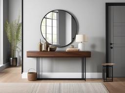 Modern entryway features a sleek console table, minimalist coat rack, and geometric mirror, creating a stylish and functional space for welcoming guests.  