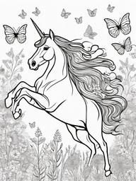 Unicorn and Butterflies Coloring Pages - Magical Scene with Fluttering Creatures  minimal black outline printable sheet, coloring page