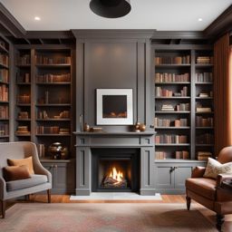 cozy home library with a fireplace and built-in bookshelves. 