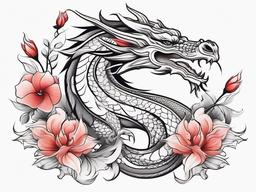 Dragon and Flower Tattoo - Tattoo combining dragon and floral elements in the design.  simple color tattoo,minimalist,white background