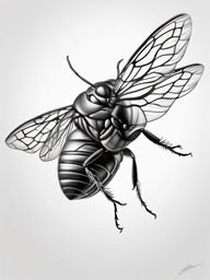 Dynamic cicada in flight tattoo: A portrayal of the insect's fleeting and graceful movement.  black white tattoo, white background