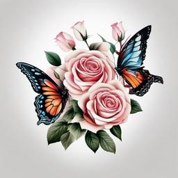 butterflies with roses tattoos  simple color tattoo,white background,minimal