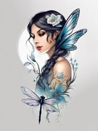 fairy and dragonfly tattoo  simple color tattoo style,white background