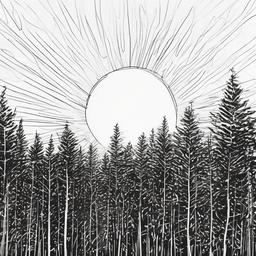 drawing of a sun peeking through the trees  minimal rough sketch scribbles,doodles,black and white