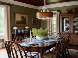 The dining room embodies American Colonial interior design with a large dining table, Windsor chairs, and a beautiful sideboard that fosters a warm and inviting setting for family meals.  