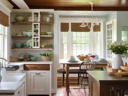 Cottage kitchen features open shelving, a cozy breakfast nook, and vintage dishware that create a charming and functional space for cooking and dining.  