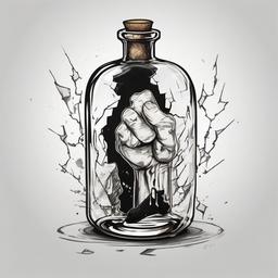 Someone trapped inside a glass bottle with the person sticking their arms through it shattering the glass sticking their foot out and fist out   ,tattoo design, white background