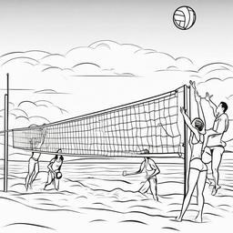 Beach volleyball game with players in action  simple coloring pages