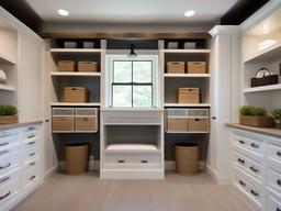 The garage features Hampton interior design with practical storage solutions, light colors, and natural materials that make the space both functional and visually appealing.  