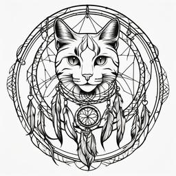 Cat Dream Catcher Tattoo - Tattoo combining a dream catcher with cat motifs.  simple vector tattoo,minimalist,white background