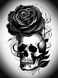 Black Rose and Skull Tattoo-Celebration of dark beauty with a black rose and skull tattoo, symbolizing mystery and the transient nature of life.  simple vector color tattoo