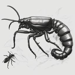 drawing of a scorpion interacting with other insects  minimal rough sketch scribbles,doodles,black and white