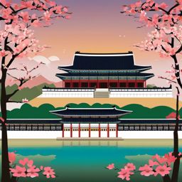 Seoul clipart - Gyeongbokgung Palace and Seoul skyline,  color vector clipart