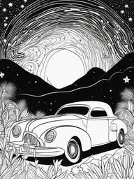 Car with Stars Coloring Pages - Dreamy Scene of Car Under Stars  minimal black outline printable sheet, coloring page