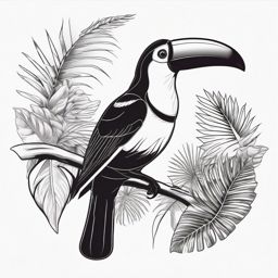 Toucan Tattoo - Toucan sitting in a tropical rainforest canopy  few color tattoo design, simple line art, design clean white background