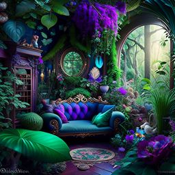 enchanted garden living room with mystical creatures and enchanted flora. 