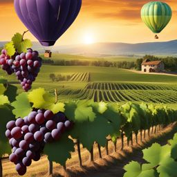 grapes clipart - bunches of grapes taking flight as hot air balloons over a scenic vineyard 