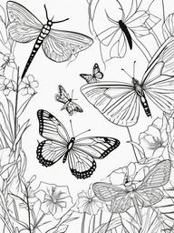 Butterflies and Dragonflies Coloring Pages - Beautiful Insects Together in Nature  minimal black outline printable sheet, coloring page