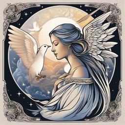 Angel and Dove Tattoo-Capturing celestial serenity with an angel and dove tattoo, symbolizing peace, purity, and a connection to higher realms.  simple vector color tattoo