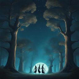 playful forest spirits dancing among ancient, towering trees in a moonlit grove. 