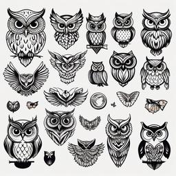 Small Owl Tattoo Ideas - Explore creative ideas for small and impactful owl tattoos.  simple color tattoo,vector style,white background